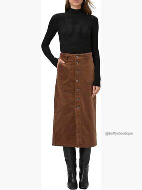 High Waisted Midi Skirt Cotton Blend Zipper Closure
